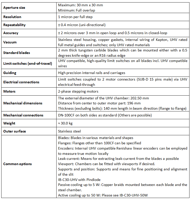 超高真空狹縫 IB-C30-UHV技術(shù)參數(shù)