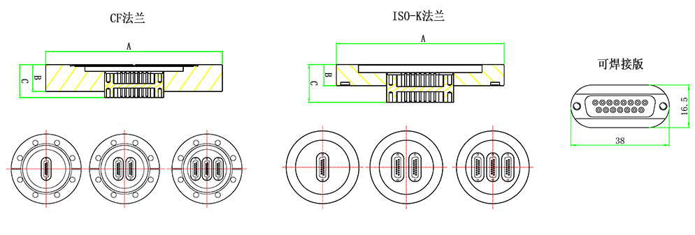 Sub-D真空饋通15針Feedthrough尺寸