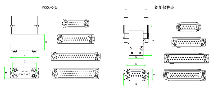 Sub-D型饋通真空端公頭連接器尺寸