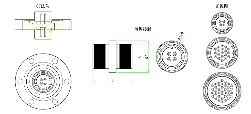 CFZ真空饋通-電極直徑1.6mm尺寸